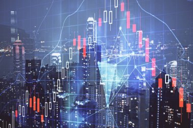 Cityscape arka plan üzerinde forex grafik çizimleri çift pozlama. Başarı kavramı.