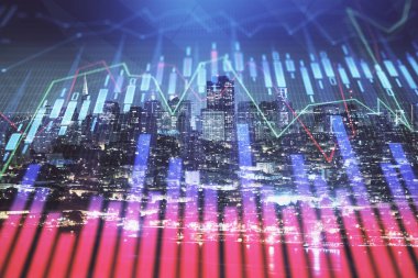 Yüksek binalar arka plan çift pozlama ile gece şehir scape mali grafik. Analiz kavramı.