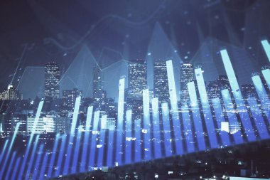 Yüksek binalar arka plan çok pozlama ile gece şehir scape mali grafik. Analiz kavramı.