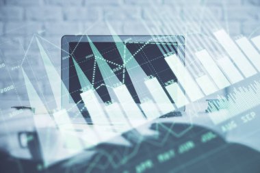 Bilgisayar geçmişi olan eski grafik hologramı. Çoklu maruz kalma. Finans piyasası kavramı.