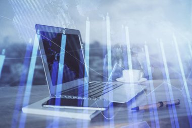 Bilgisayar geçmişi olan eski grafik hologramı. Çifte maruziyet. Finans piyasası kavramı.