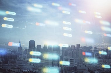 Veri temalı hologram gökdelenlerin arka planında çift pozlama ile şehir görünümüne çizim yapıyor. Teknoloji konsepti.