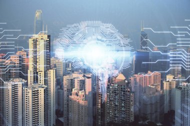 Şehrin arka planında çoklu maruz kalma üzerine beyin hologramı çizimi. Modern şehir konseptinde.