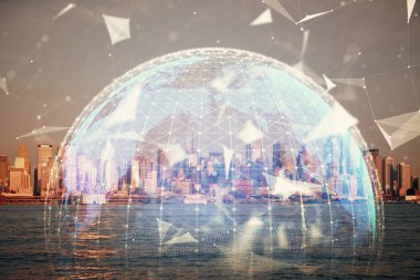 İş temalı hologram çizimine ve şehrin arka planına çifte maruz kalma. Başarı kavramı.