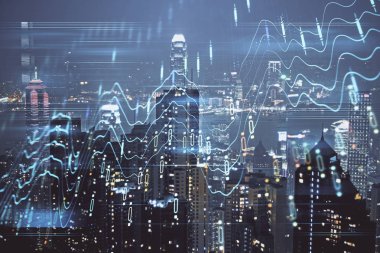 Cityscape arka plan üzerinde forex grafik çizimleri çift pozlama. Başarı kavramı.