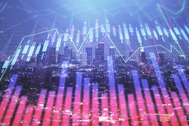 Yüksek binalar arka plan çift pozlama ile gece şehir scape mali grafik. Analiz kavramı.