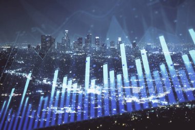 Yüksek binalar arka plan çok pozlama ile gece şehir scape mali grafik. Analiz kavramı.