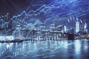 Yüksek binalar arka plan çok pozlama ile gece şehir scape mali grafik. Analiz kavramı.