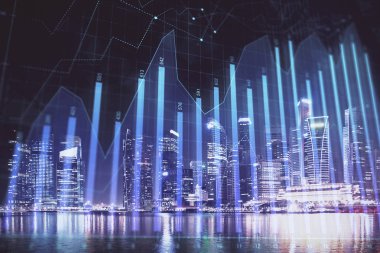 Yüksek binalar arka plan çok pozlama ile şehir scape mali grafik. Analiz kavramı.