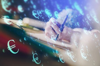 Finansal Forex grafik eller notları arka plan alarak görüntülenir. Araştırma kavramı. Çoklu pozlama