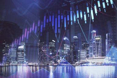 Yüksek binalar arka plan çok pozlama ile şehir scape mali grafik. Analiz kavramı.