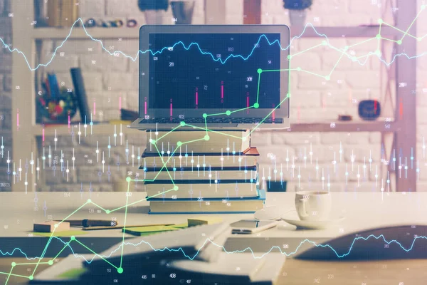 外国為替グラフのマルチ露出とコンピュータで作業スペース。国際オンライン取引の概念. — ストック写真