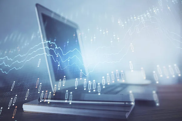 Holograma gráfico de Forex en la tabla con el fondo de la computadora. Exposición múltiple. Concepto de mercados financieros. —  Fotos de Stock