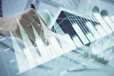 Finansal Forex grafiği el notları arka plan alarak çizilmiş. Araştırma kavramı. Çoklu pozlama