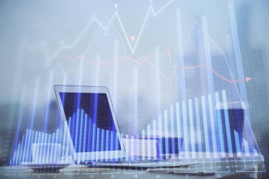 Eski pazar grafiği hologramı ve kişisel bilgisayar geçmişi. Çifte maruziyet. Yatırım kavramı.