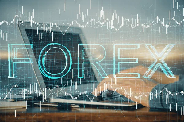 Doble exposición de las manos de los empresarios con portátil y el mercado de valores gráfico de fondo. Concepto de investigación y comercio . —  Fotos de Stock