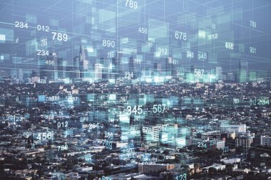 Veri temalı hologram gökdelenlerin arka planında çift pozlama ile şehir görünümüne çizim yapıyor. Teknoloji konsepti.