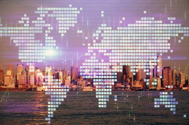 İş temalı hologram çizimine ve şehrin arka planına çifte maruz kalma. Başarı kavramı.