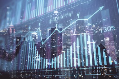 Cityscape arka plan üzerinde forex grafik çizimleri çift pozlama. Başarı kavramı.