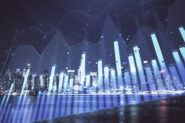 Yüksek binalar arka plan çok pozlama ile gece şehir scape mali grafik. Analiz kavramı.