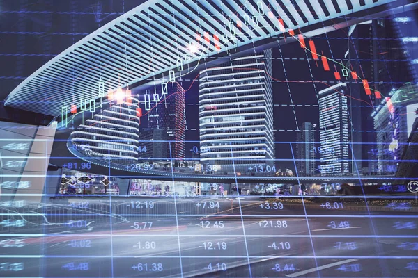 Forex chart on cityscape with tall buildings background multi exposure. Financial research concept. — Stock Photo, Image