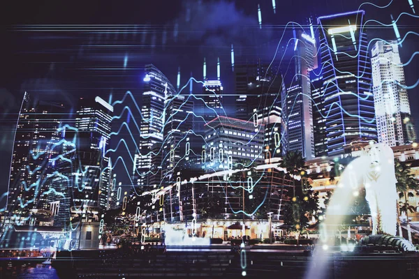 Yüksek binalar arka plan çok pozlama ile şehir scape mali grafik. Analiz kavramı.