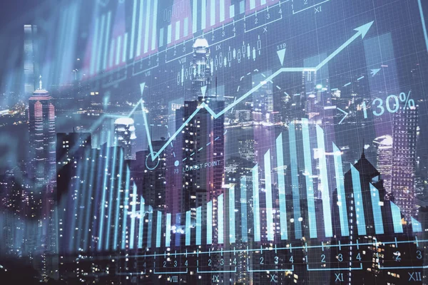 Cityscape arka plan üzerinde forex grafik çizimleri çift pozlama. Başarı kavramı.