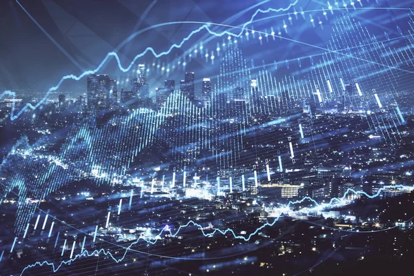 Yüksek binalar arka plan çok pozlama ile gece şehir scape mali grafik. Analiz kavramı.