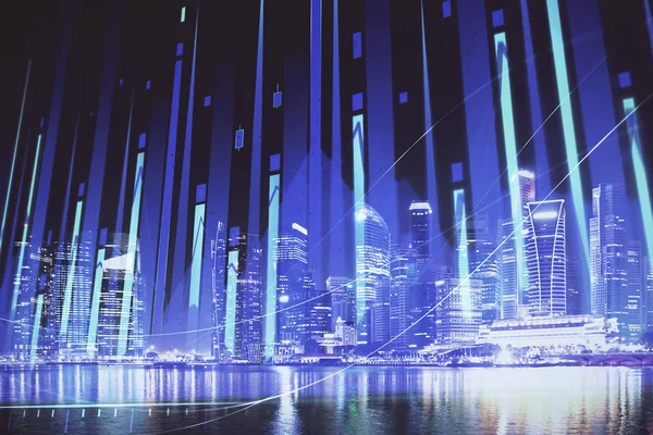 Yüksek binalar arka plan çok pozlama ile şehir scape mali grafik. Analiz kavramı.