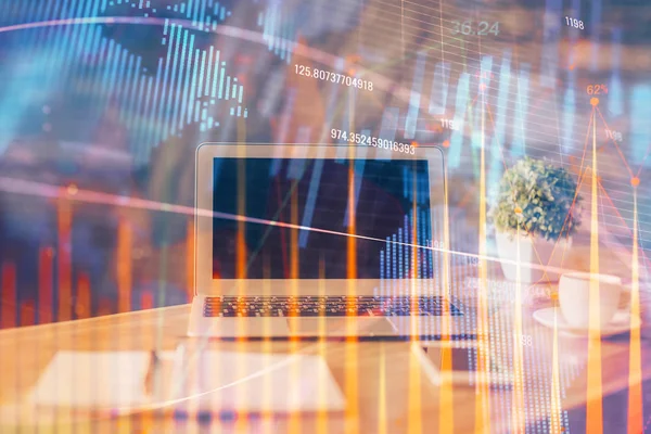 Financial graph colorful drawing and table with computer on background. Multi exposure. Concept of international markets. — Stock Photo, Image