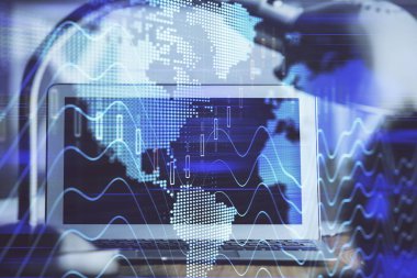 Kişisel bilgisayar arkaplanına çizilmiş borsa hologramı. Çifte maruziyet. Yatırım kavramı.