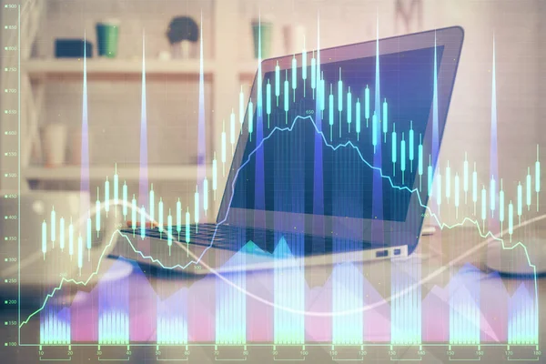 Forex marknaden grafhologram och persondator på bakgrunden. Multiexponering. Begreppet investering. — Stockfoto