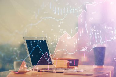 Eski pazar grafiği hologramı ve kişisel bilgisayar geçmişi. Çoklu maruz kalma. Yatırım kavramı.