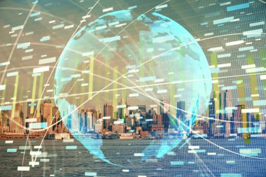 İş temalı hologram çizimine ve şehrin arka planına çifte maruz kalma. Başarı kavramı.