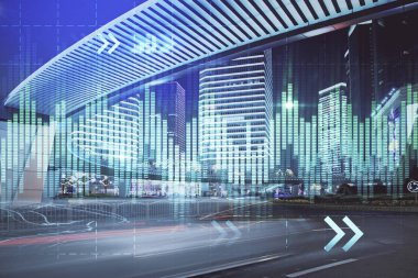 Yüksek binaların arka planında çoklu pozlama olan eski şehir haritası. Finansal araştırma kavramı.