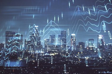 Yüksek binaların arka planında çoklu pozlama olan eski şehir haritası. Finansal araştırma kavramı.