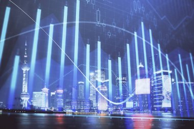 Yüksek binalar arka plan çift pozlama ile gece şehir scape mali grafik. Analiz kavramı.