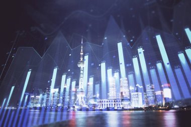 Yüksek binalar arka plan çok pozlama ile gece şehir scape mali grafik. Analiz kavramı.