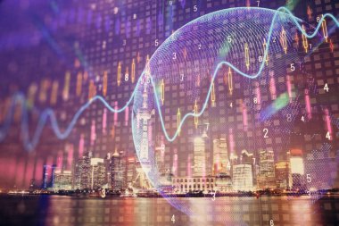 Yüksek binalar arka plan çok pozlama ile gece şehir scape mali grafik. Analiz kavramı.