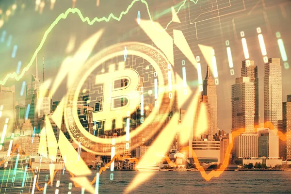 Двойное воздействие рисунка голограммы темы криптовалюты и фона городского вея. Концепция блокчейн и биткойн. Лицензионные Стоковые Изображения