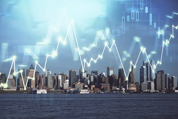 Gráfico de divisas en paisaje urbano con rascacielos fondo de pantalla doble exposición. Concepto de investigación financiera . —  Fotos de Stock