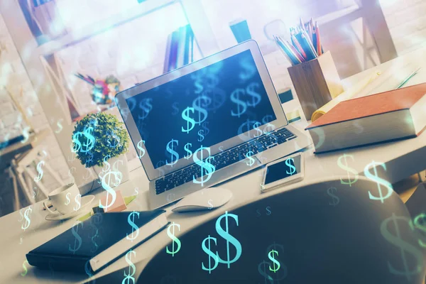 Zeichnung von Finanzdiagrammen und Tabelle mit Computer im Hintergrund. Mehrfachbelichtung. Konzept der internationalen Märkte. — Stockfoto