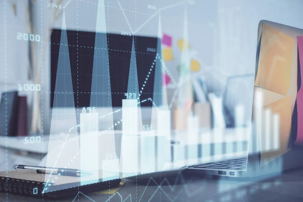 Forex Diagram hologram på bordet med datorbakgrund. Multiexponering. Begreppet finansiella marknader. — Stockfoto