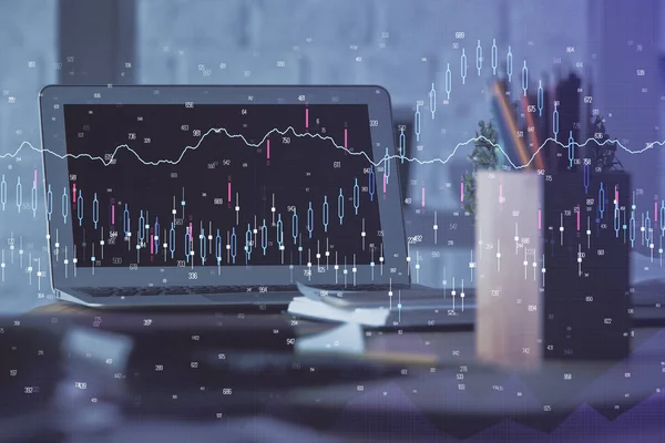 Finanzgrafik bunte Zeichnung und Tabelle mit Computer auf dem Hintergrund. Doppelbelichtung. Konzept der internationalen Märkte. — Stockfoto