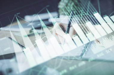 Finansal Forex grafiği el notları arka plan alarak çizilmiş. Araştırma kavramı. Çoklu pozlama
