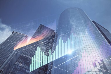 Gökdelenler, duvar kağıtları ve çoklu pozlama ile şehir manzarasının eski çizelgesi. Finansal araştırma kavramı.