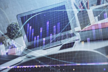 Arka planda eski pazar grafik hologramı ve kişisel bilgisayar var. Çoklu maruz kalma. Yatırım kavramı.