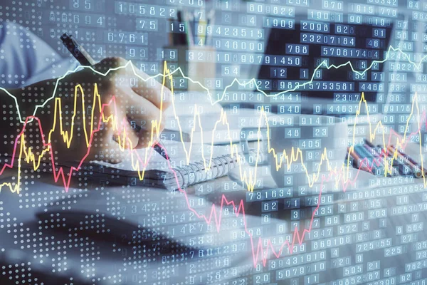 Financial chart drawn over hands taking notes background. Concept of research. Double exposure — Stock Photo, Image