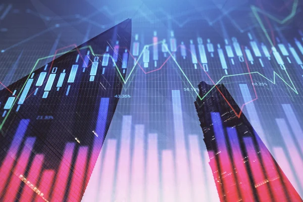 Forex diagram på stadsbilden med höga byggnader bakgrund multi exponering. Finansiell forskning. — Stockfoto