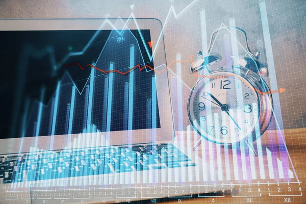 Doble exposición de gráfico e información financiera y espacio de trabajo con fondo informático. Concepto de comercio internacional en línea. — Foto de Stock